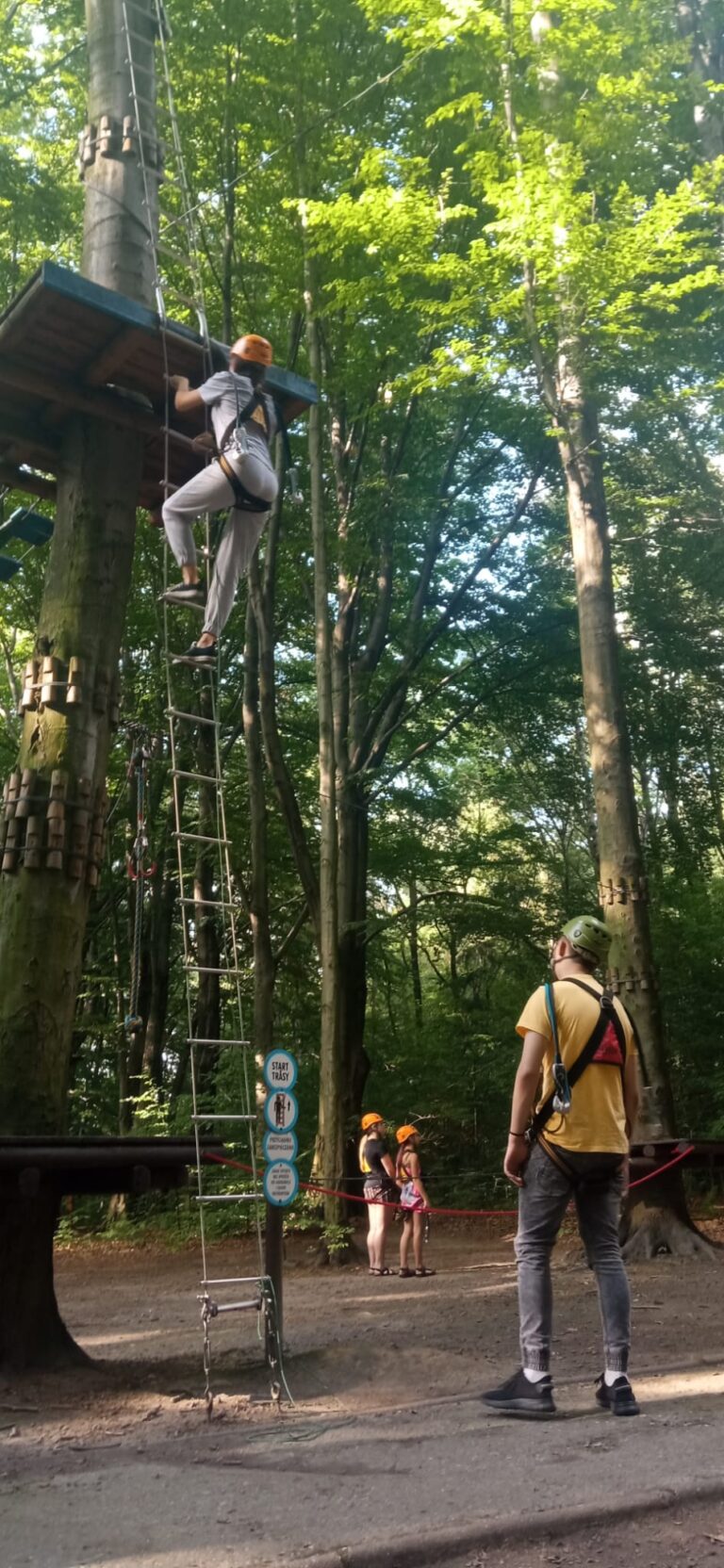 Chłopcy wspianają się w parku linowym.