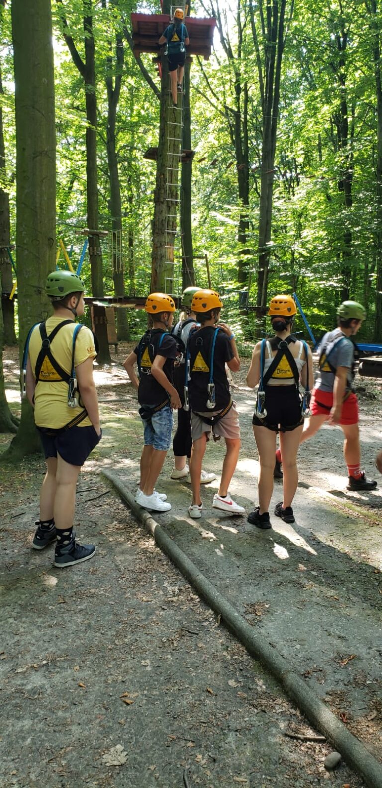 Grupa wychowanków czekających na swoją kolej w parku linowym.