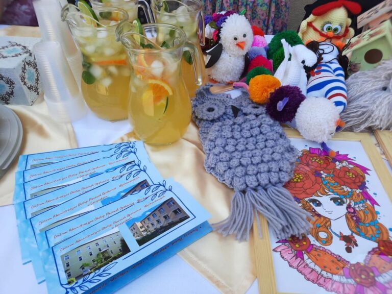 Na zdjęciu prace wychowanków wykonane na szydełku oraz ulotki informacyjne dotyczące placówek.