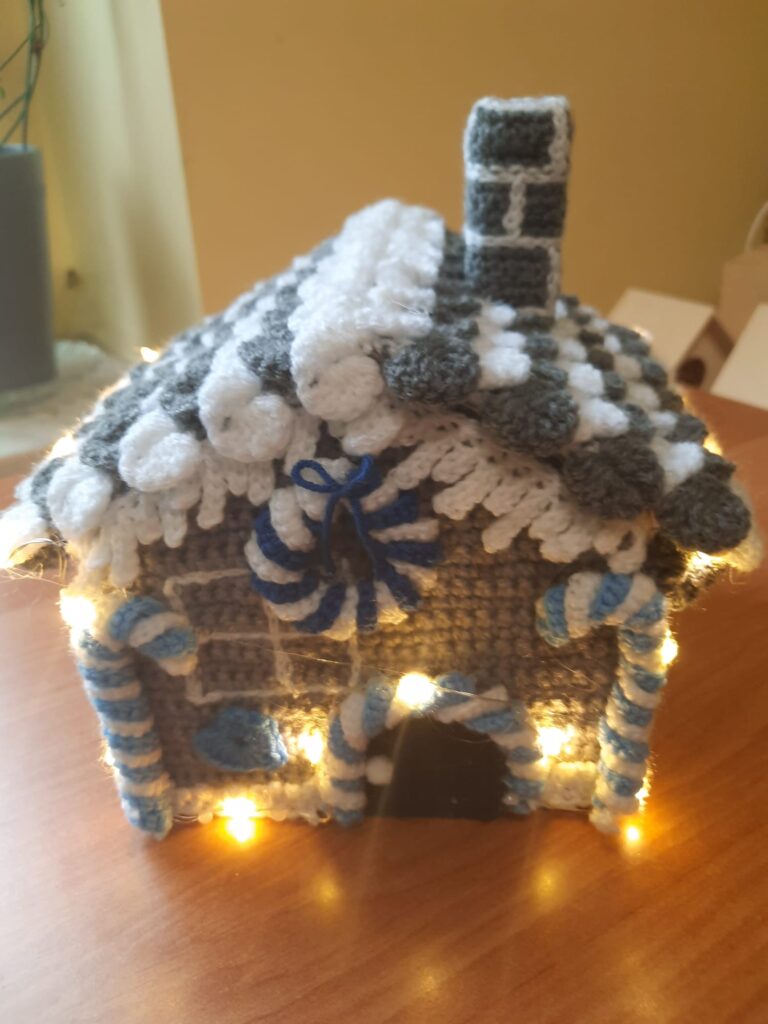 Zdjęcie przedstawia wykonany domek na szydełku oświetlony lampkami.