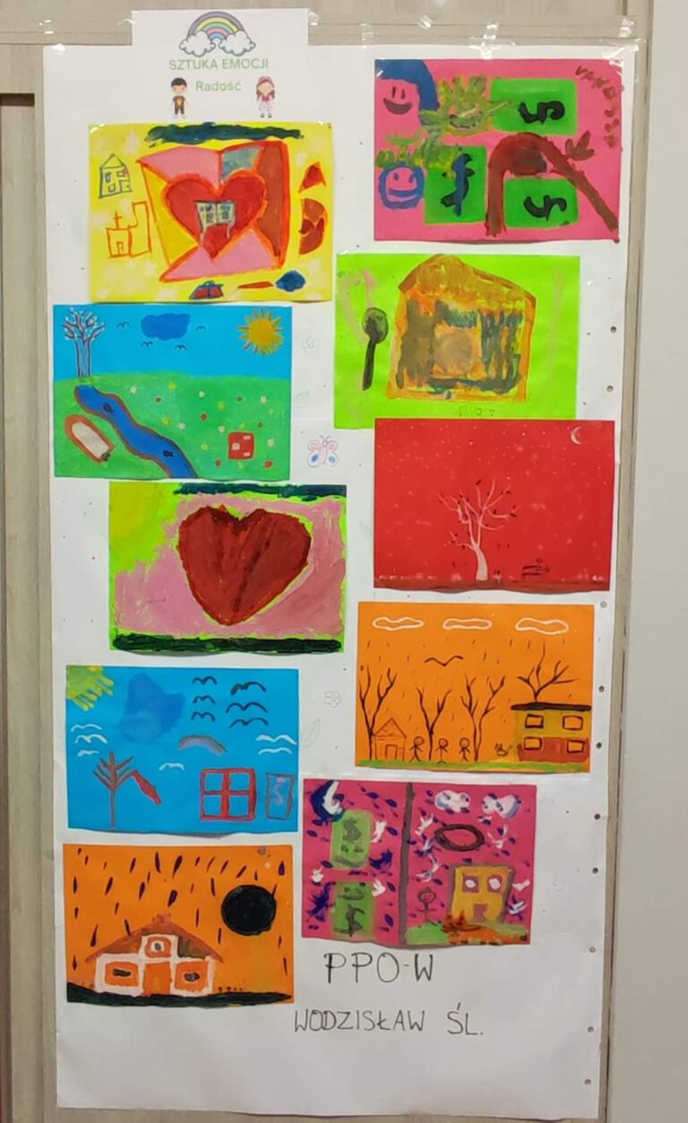 Prace wychowanków o tematyce radość w ramach zajęć z sztuki emocji.